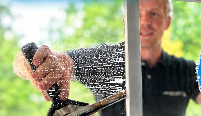 Fönsterputsare drar en skrapa över en fönsterruta